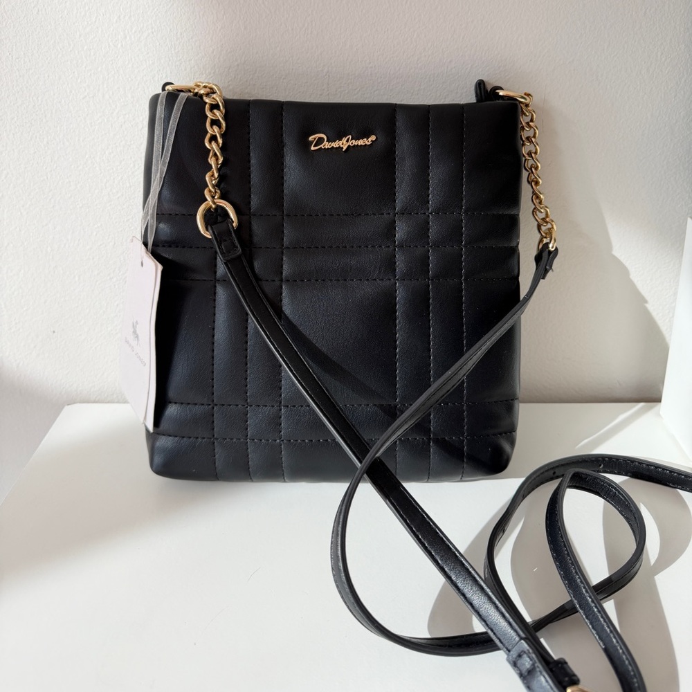 David Jones Black Quilted Leather Crossbody Bag Gold Chain Strap NEW - Picture 8 of 8